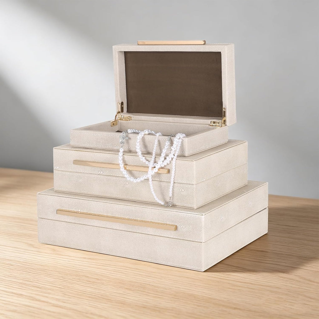 Faux Ivory Shagreen Decorative Boxes, Elegant Jewelry Organizer with Lids, Velvet Lining and Golden Handles - Set of 3