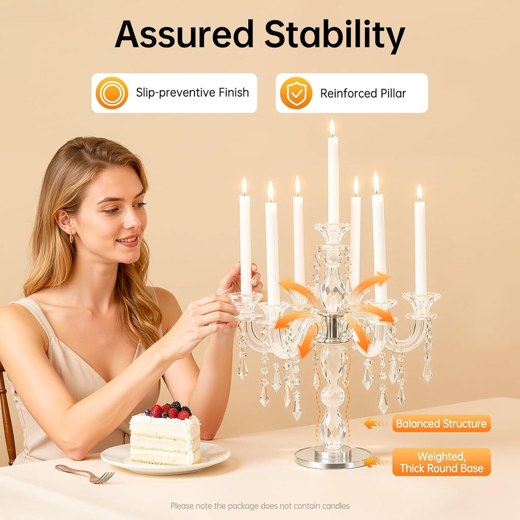 Crystal Candle Holders, 7-Arm 14 Inch Crystal Taper Candlestick Candelabra, Candle Holder Centerpiece