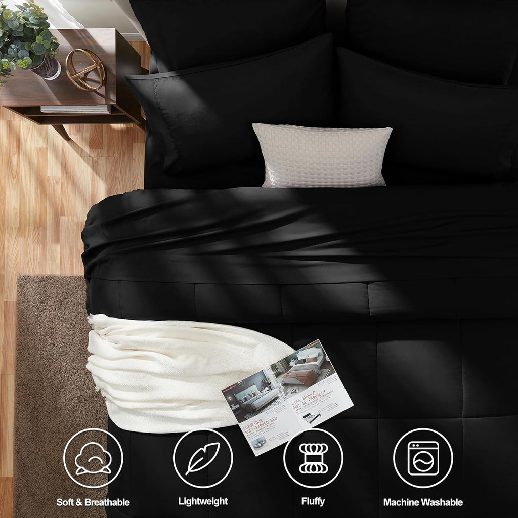 Comforter Set Black, 7 Pieces Bed in a Bag, Black Comforter
