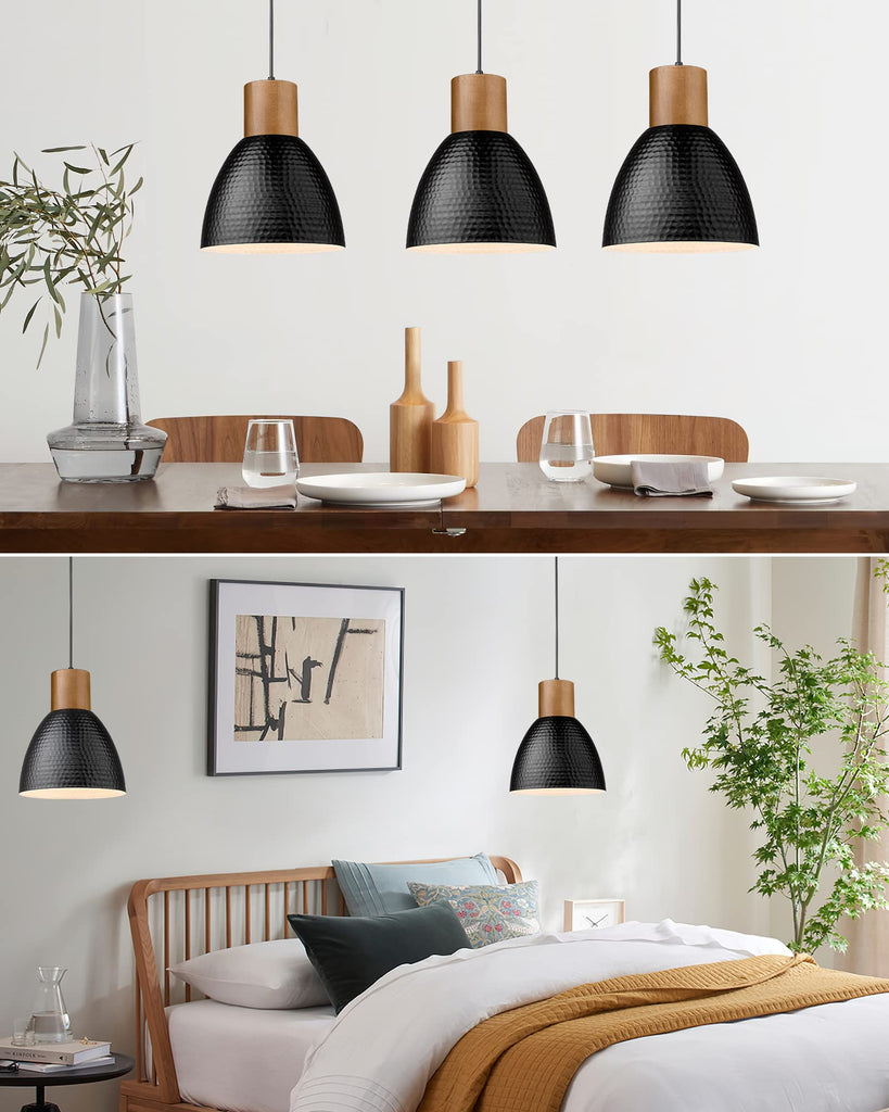 Hammered Pendant Light, 10.2" Industrial Hanging Lamp with Solid Wood & Metal Shade, Modern Pendant Light Fixtures