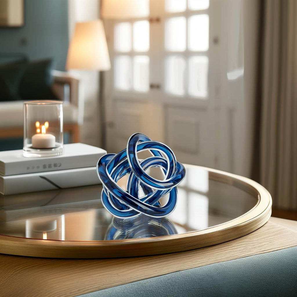 Orbit Hand Blown Glass Infinity Knot Sculpture - 3 Inch Glass Art Blue Knot Decor Ball Decor, Small Centerpiece Table