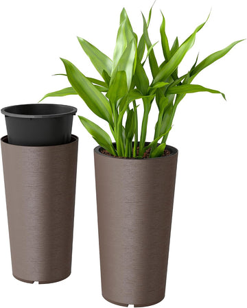 29 Inch Tall Planters for Outdoor Plants Set of 2, Brown | Plastic Flower Pots, DIY Drainage Holes, Stackable Large