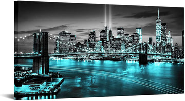 New York City Canvas Wall Art Black White Brooklyn Bridge Pictures Teal NYC Skyline Cityscape Artwork Bedroom Modern