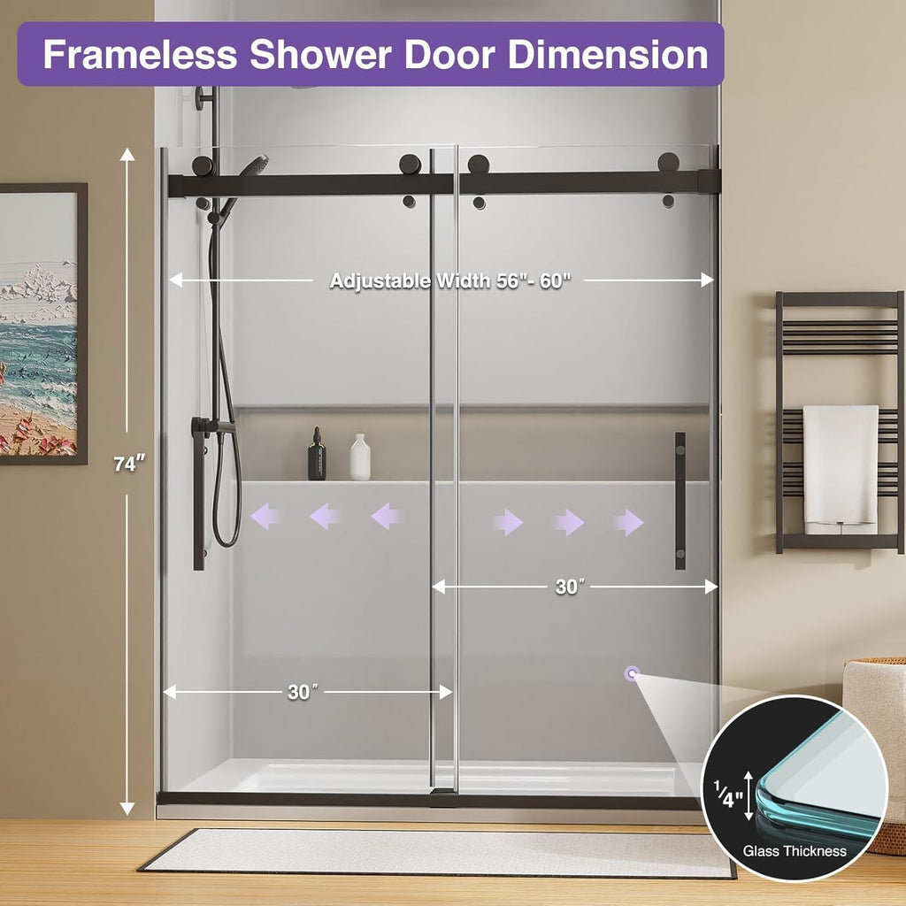 Shower Door, 60" W x 74" H Frameless Shower Door