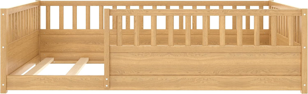 Full Size Kids Montessori Floor Bed Frame with High Fence,Natural | Solid Wood,Full Surround Safety Guardrails,Slat
