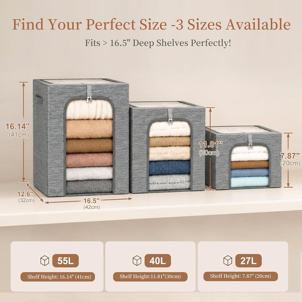 Clothes Storage Bins with Metal Frame for Closet, 40L 6-Pack Grey | Sweaters Hoodies Jeans T-Shirt, Closet Top Shelf
