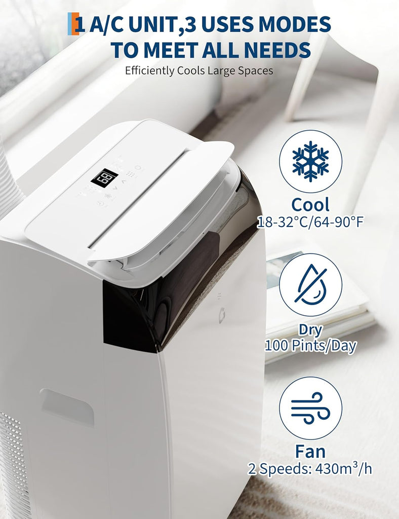 14000 BTU Portable Air Conditioner with Follow Me Function, 3-in-1 AC Includes Remote & Full Window Kit