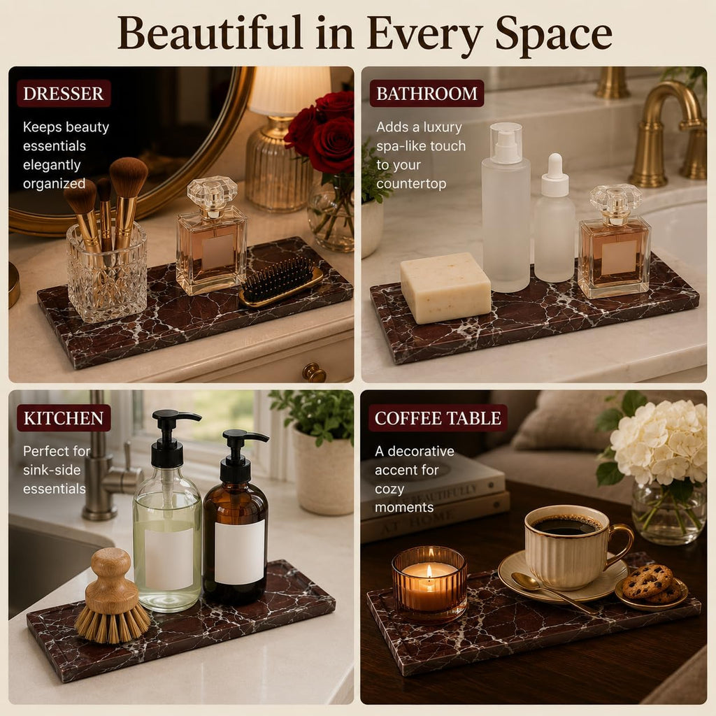 Marble Decorative Tray Decor, Red Vanity Tray Countertop, Small Perfume Tray for Dresser, Luxury Stone Organizer for