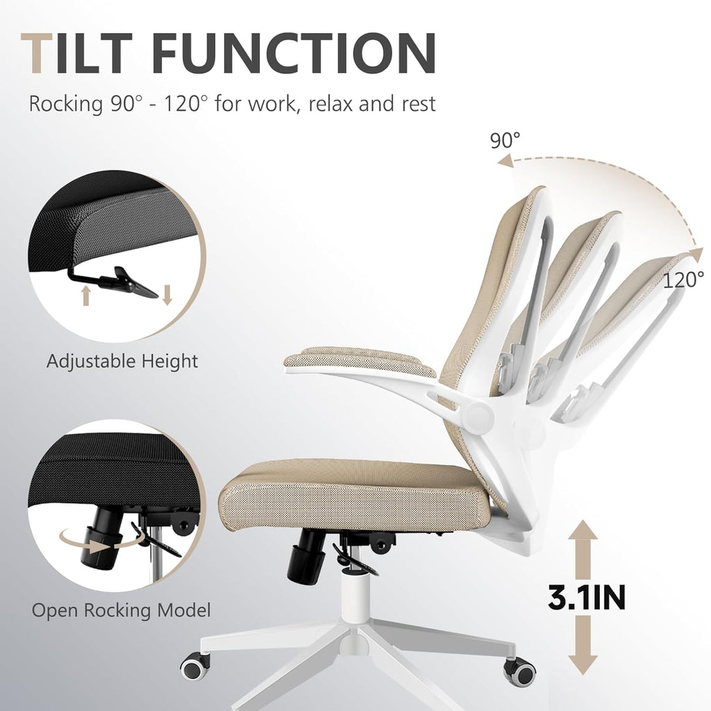 Ergonomic with Lumbar Support, High Back Mesh Desk Chair with Flip-Up Arms, Adjustable Computer Task Chair, Khaki