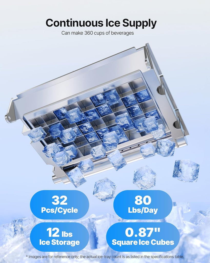 Commercial Ice Maker Machine, 80 lbs/24h with 12Lbs Storage, 32 Cubes per Cycle, Stainless Steel Freestanding & Countertop Ice Maker with LED Display & Self-Cleaning, for Home Bar Restaurant