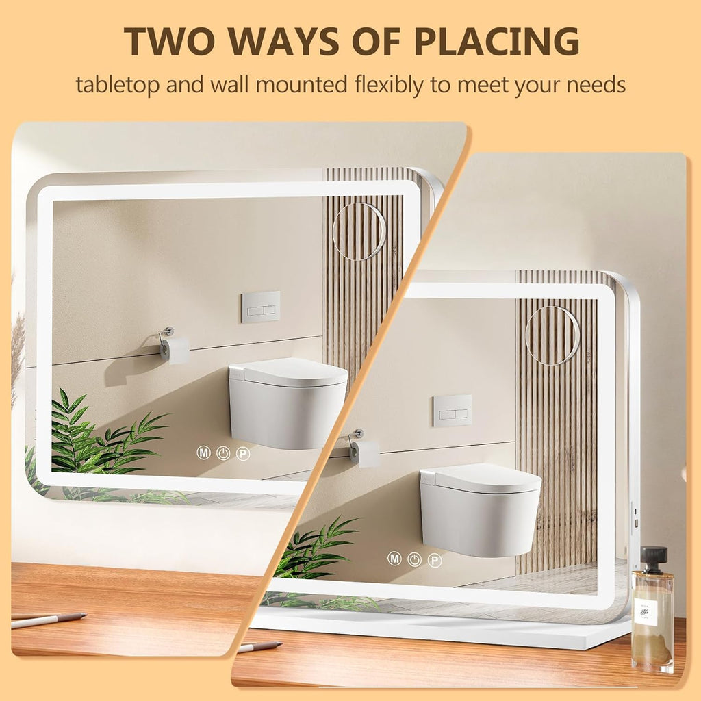 23" x 18" Vanity Mirror with Lights, Led Lighted Makeup Mirror with 3 Color Dimmable Lights, Touch Control, USB