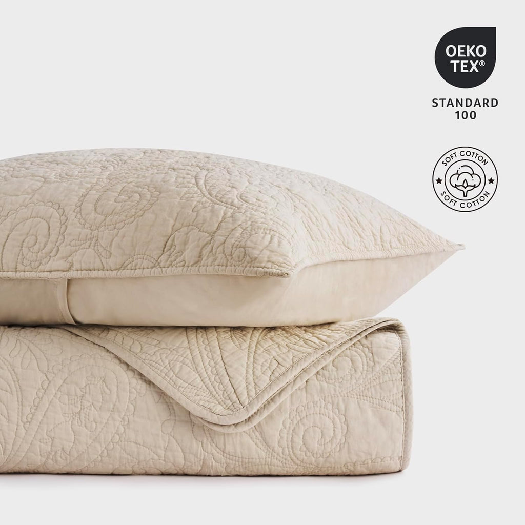 100% Cotton Paisley Quilt Set, 3 Piece Set - Prewashed Lightweight Bedspread with 2 Shams, Soft & Breathable