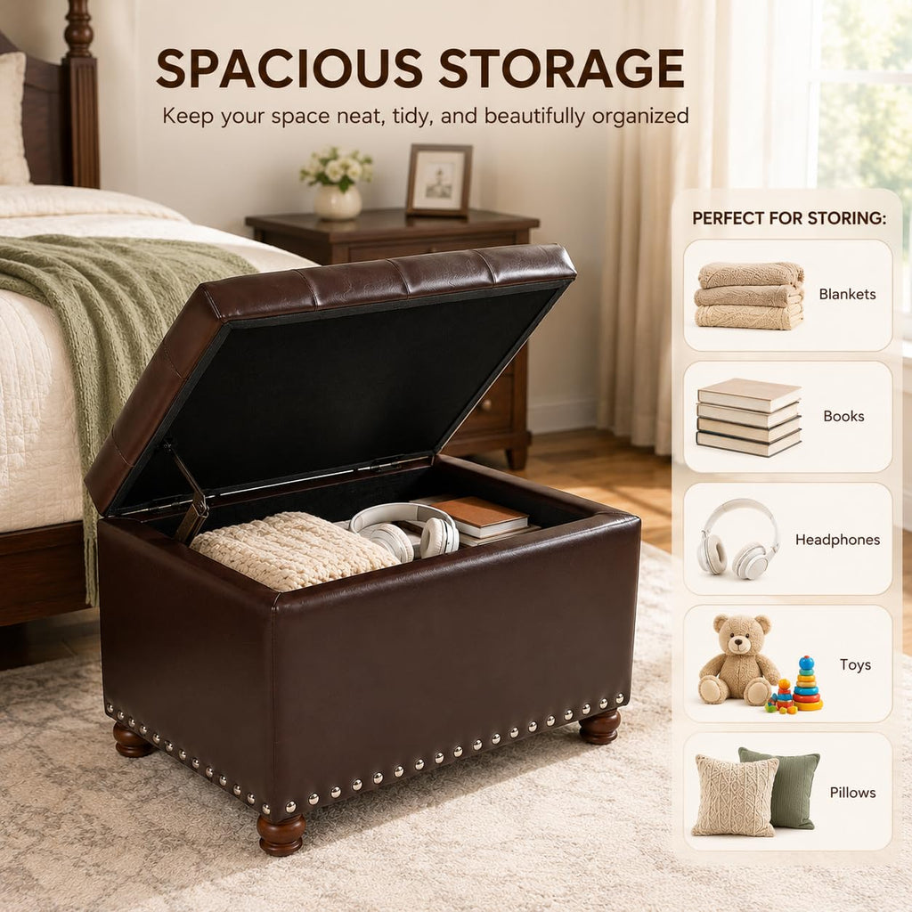 Leather Ottoman with Storage Small Foot Stool with Hinged Lid