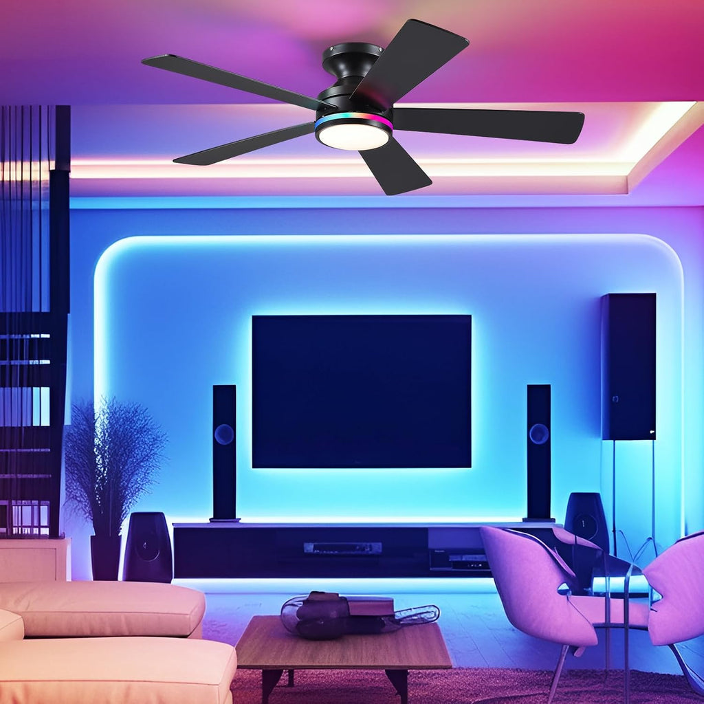 46In RGB Ceiling Fans with Lights - Black Flush Mount Ceiling Fan Light with Remote/APP, RGB+3CCT 6 Wind Speeds, Modern Low Profile Fan Light Fixture for Party, Kid's Room