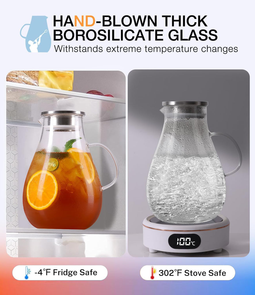 Glass Pitcher with Lid, 86oz Glass Water Pitcher, Large Hot Cold Water Jug, Borosilicate Drink Jug for Iced Tea