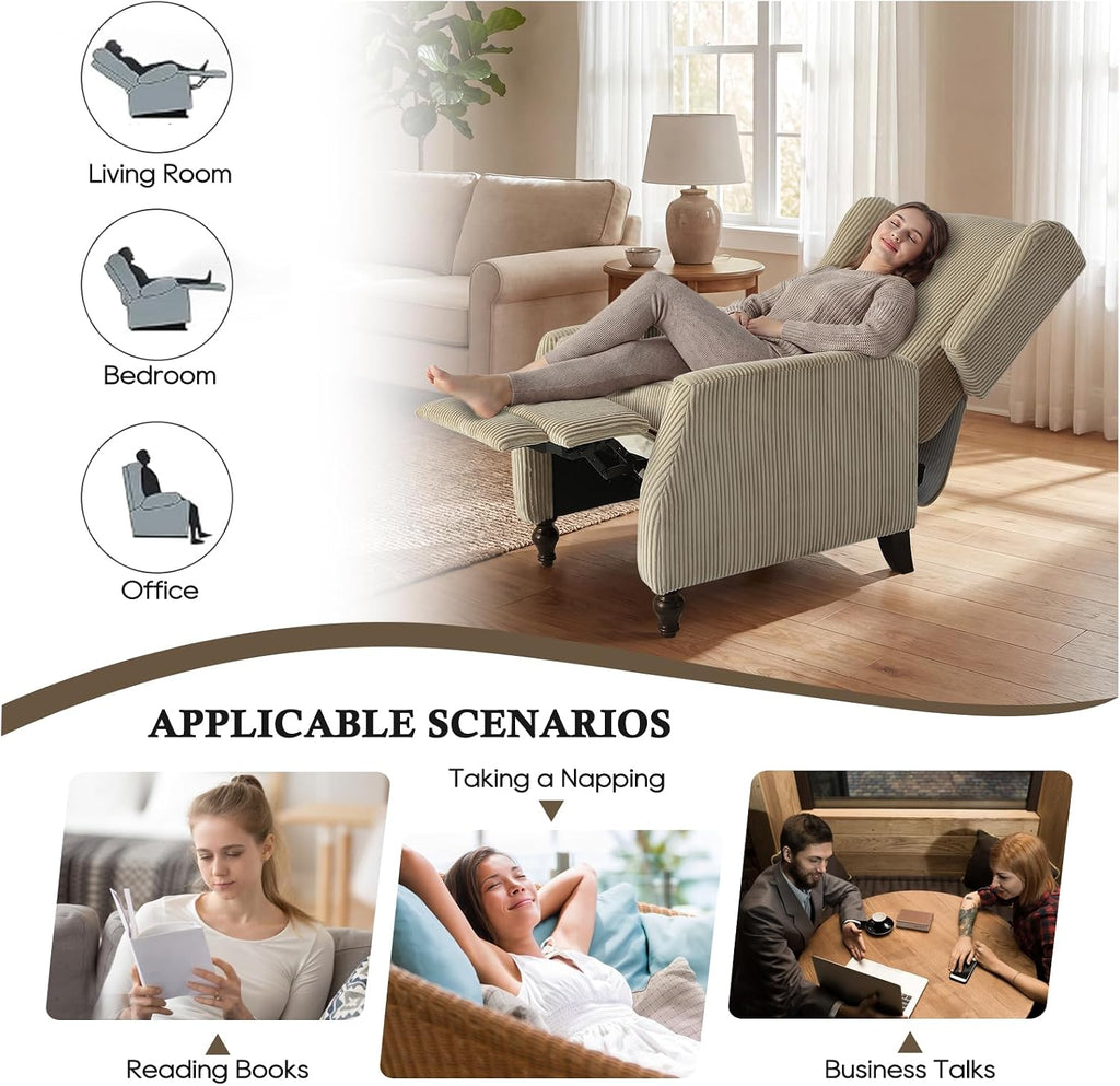 Upholstered Wingback Recliner Chair, Cozy Corduroy Manual Push Back Recliner (1, Khaki)