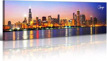 Chicago Skyline Wall Art Canvas Prints, Framed, 13.8"x45.3" | Cityscape USA City Building, Panoramic Night View