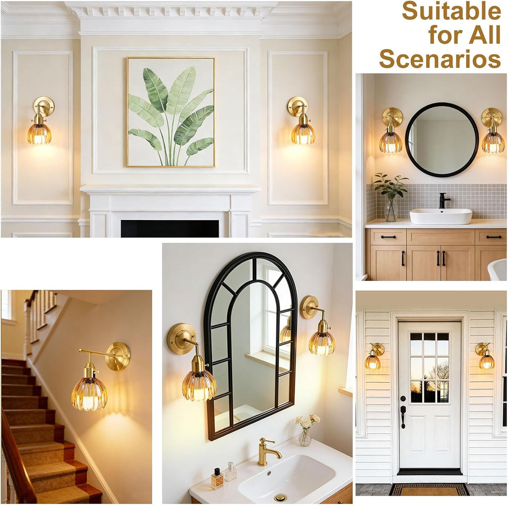 Vintage Gold Wall Sconces Set of 2 with Cute Amber Tulip Glass Lampshade, Hardwired and Wireless Wall Mounted Light