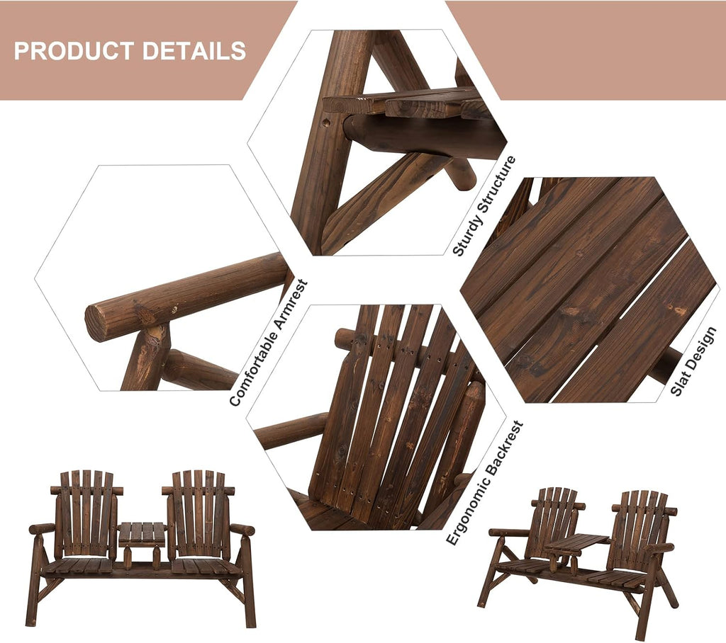 2-Seat Wooden Adirondack Chair Patio Bench with Table Carbonized | Outdoor Loveseat Fire Pit Chair, Porch, Backyard