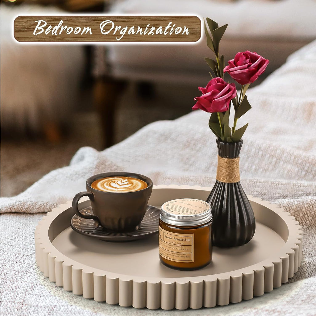 12in Decorative Tray for Coffee Table Tray Decor, Gray Wooden Decorative Round Tray for for Coffee Table, Dining Room