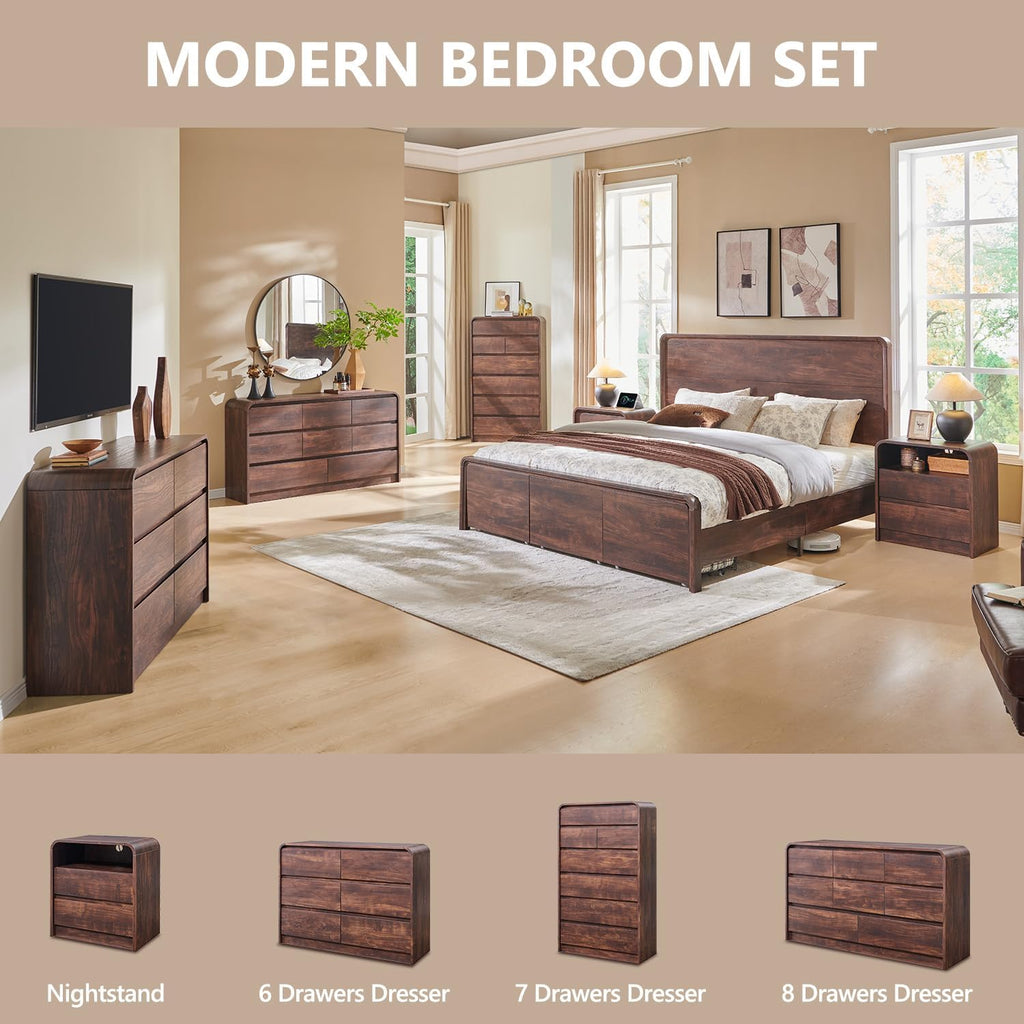 25" Tall Modern Nightstand with Charging Station, 23.6'' Wide Wood Bedside Table w/2 Storage Drawers, Large Mid