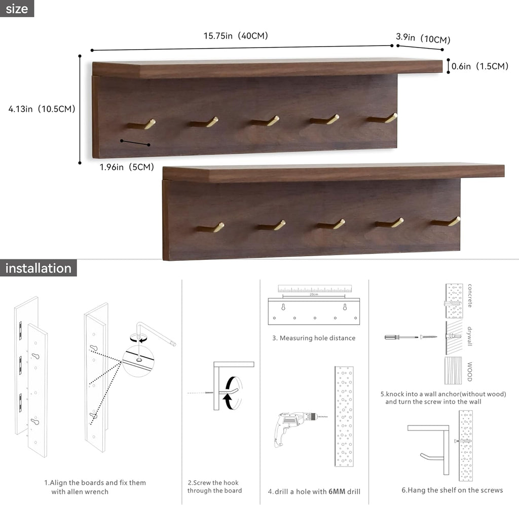 Wall Mount Walnut Coat Rack, 5 Brass Hooks, Floating Shelf | Adjustable rail with movable wood hooks