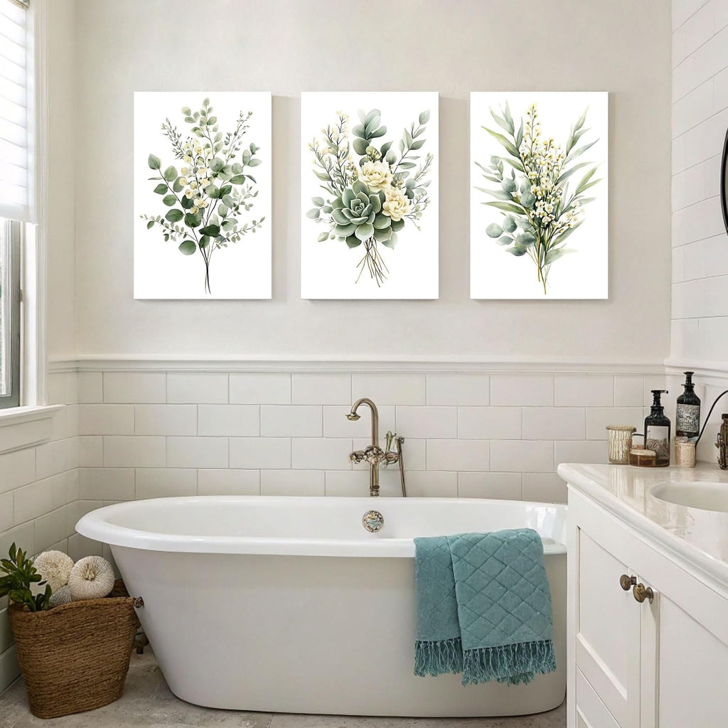 Sage Green Botanical Wall Art, Watercolor Framed Canvas Prints Modern Green Plant White Floral Decor Living Room