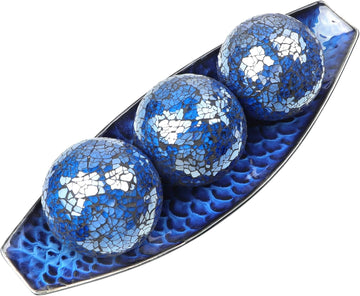 16" Large Ceramic Decorative Tray and 4" Glass Mosaic Balls Set of 4, Long Boat Shaped Centerpiece Bowl and Orbs Set