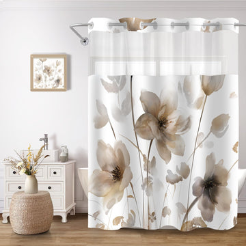 No Hook Shower Curtain and Liner Set, Brown Boho Floral 71x74 | Watercolor Boho Flower, with Snap in Liner
