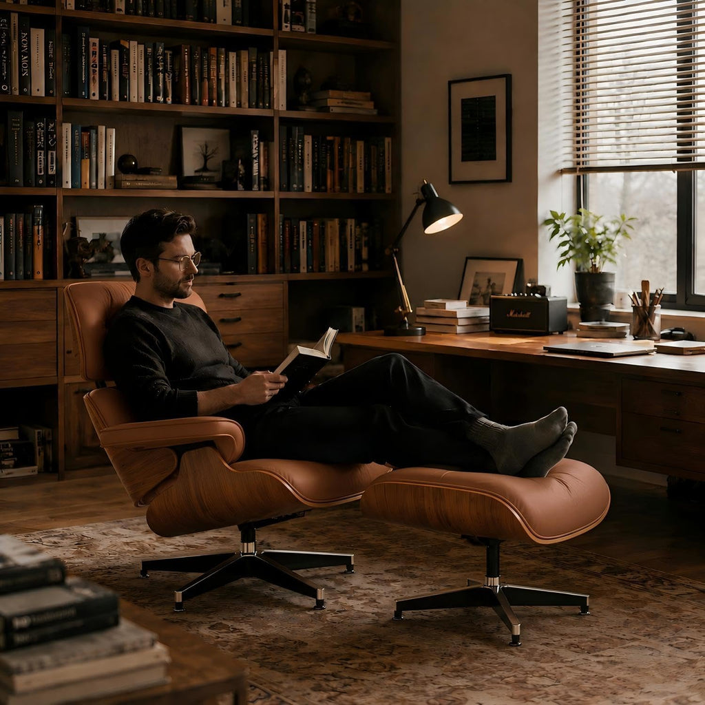 Modern Reading Chair and Ottoman — Leather