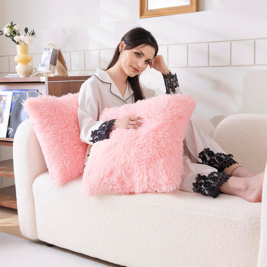 Faux Fur Pink Throw Pillow Covers, Fluffy Soft Fuzzy Decorative Pillow Cases Cute Pillowcases, Zipper Closure, Set of