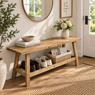 Reclaimed Entryway Bench Solid Wood Bench with Storage Shelf 43.3"