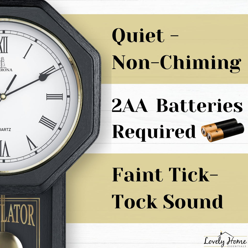 Pendulum Wall Clock, Real Wood Regulator Clock, Black, Quiet Non-Chiming