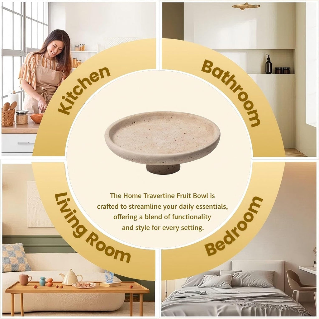Natural Travertine Fruit Bowl Counter 10.2",Large Decorative Bowl & Travertine Bowl Pedestal Counter & Dining Table