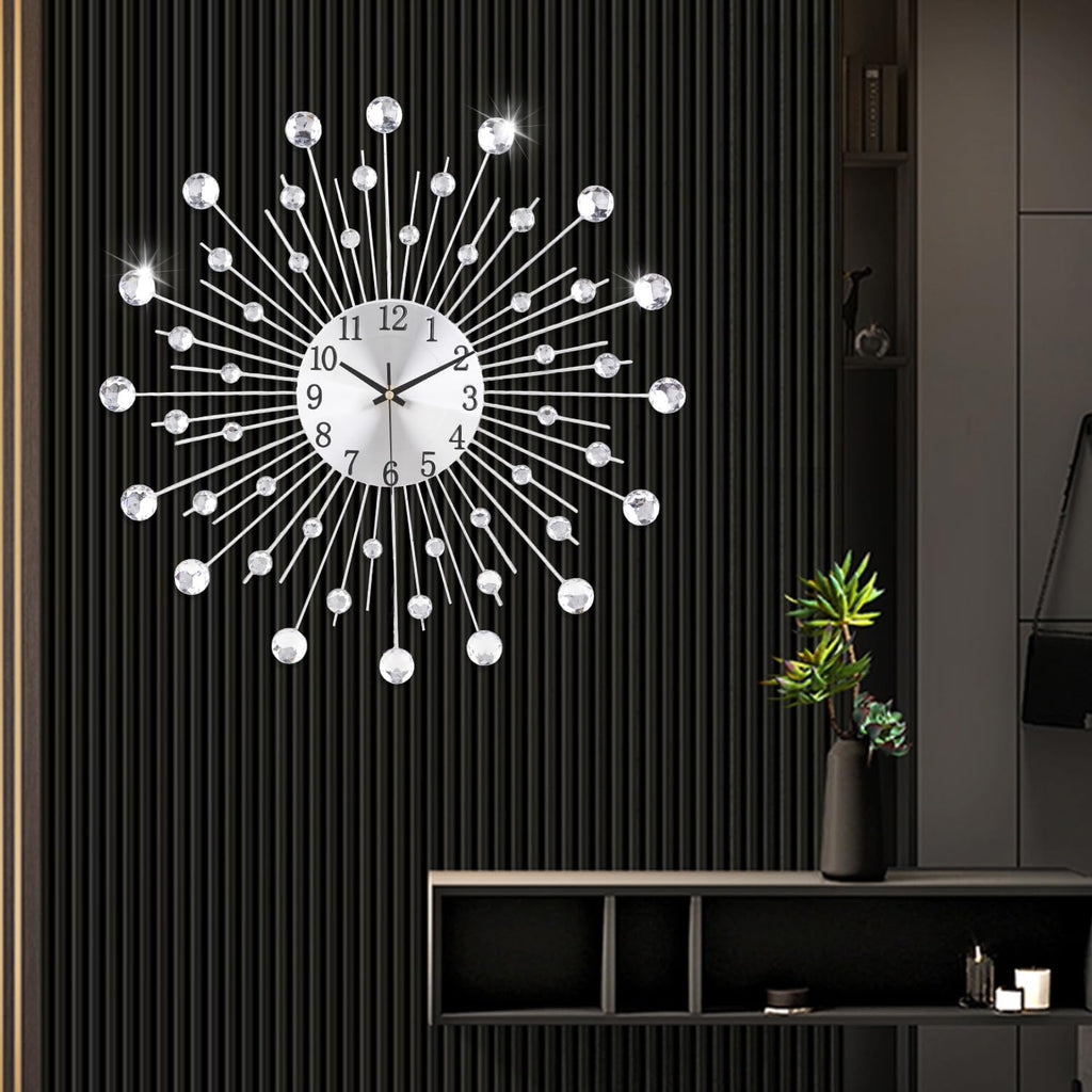 Large Wall Clock Decor Non-Ticking Quiet Metal Quartz Clocks Modern Dial Bling Big Diamond Wall Clocks Kitchen