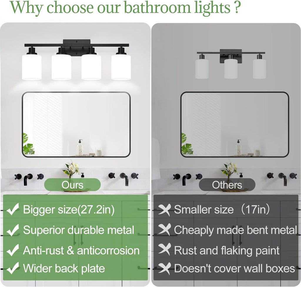 4-Light Bathroom Light Fixtures, Vanity Light with Milky White Shades, Matte Black Bathroom Light Fixtures Over