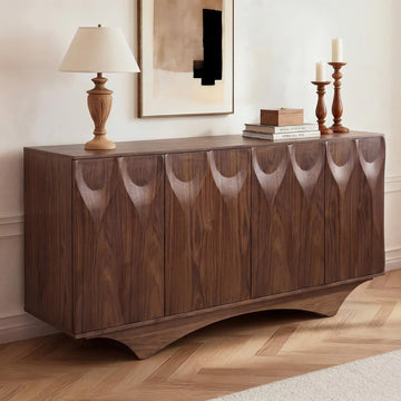 Sideboard Buffet Cabinet with Sculpted Doors, Mid-Century Modern Accent Credenza with Adjustable Shelves