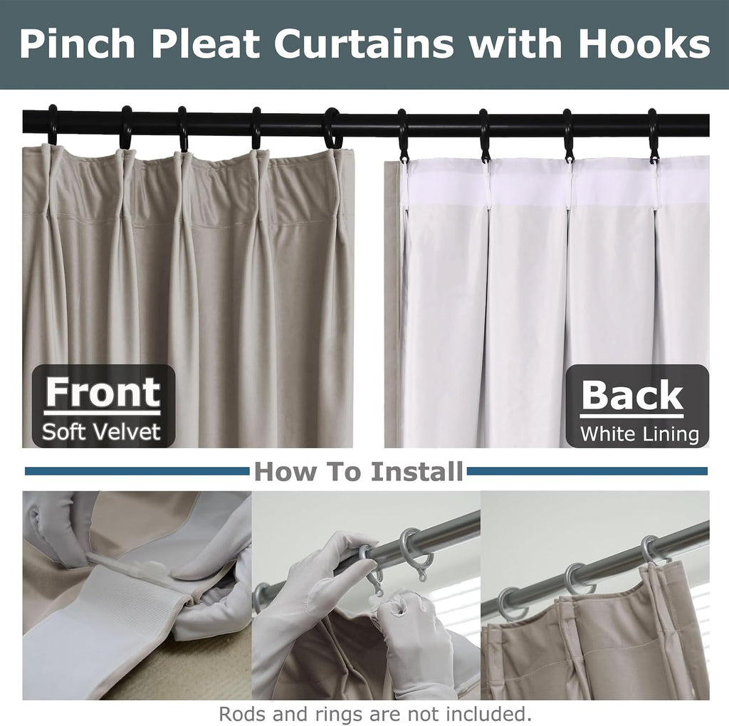 Blackout Curtains (Set of 2 Panels) Pinch Pleated Drapes Velvet Drapes for French Door Thermal Insulated Curtain for Living Room