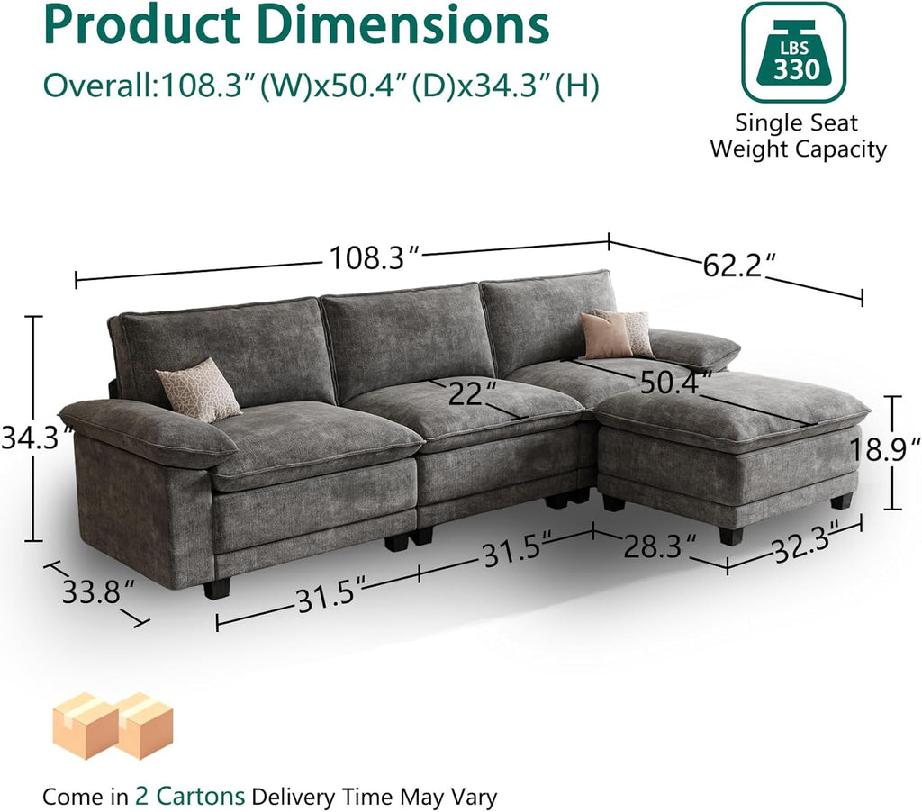 Modern L Shaped Sofa Couches , Modular Sectional Cloud Couch with Movable Ottoman, Comfy Chenille Sofa , Dark Gray