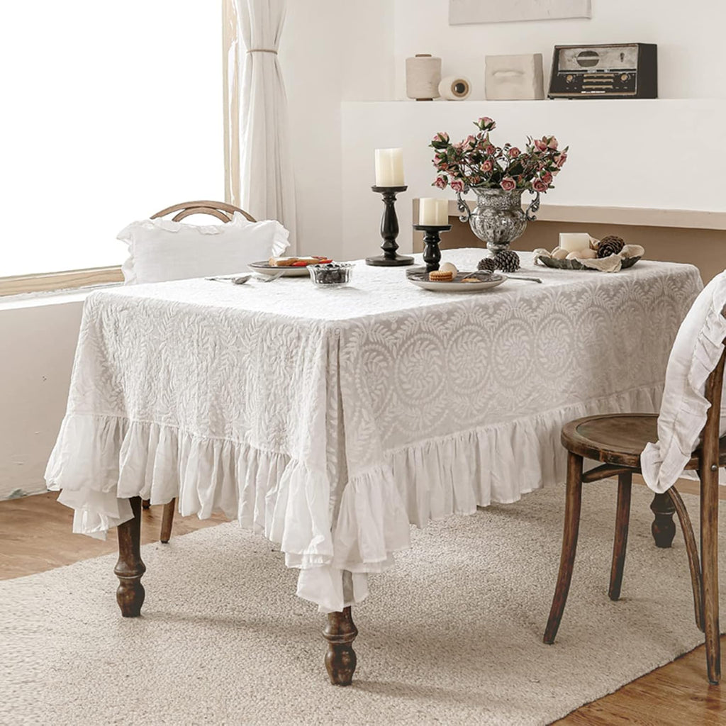 Vintage Ruffle Tablecloth for Rectangle Tables,Farmhouse Embroidered Cotton White Lace Table Cloth C