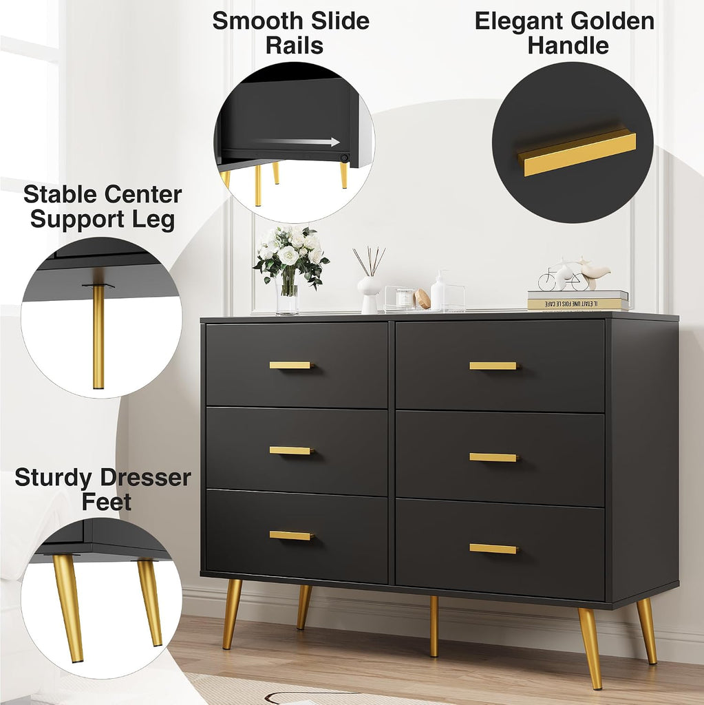 6 Drawer Dresser, Chest of Drawers with Gold Handles, Black | Wooden Modern Deep Drawers