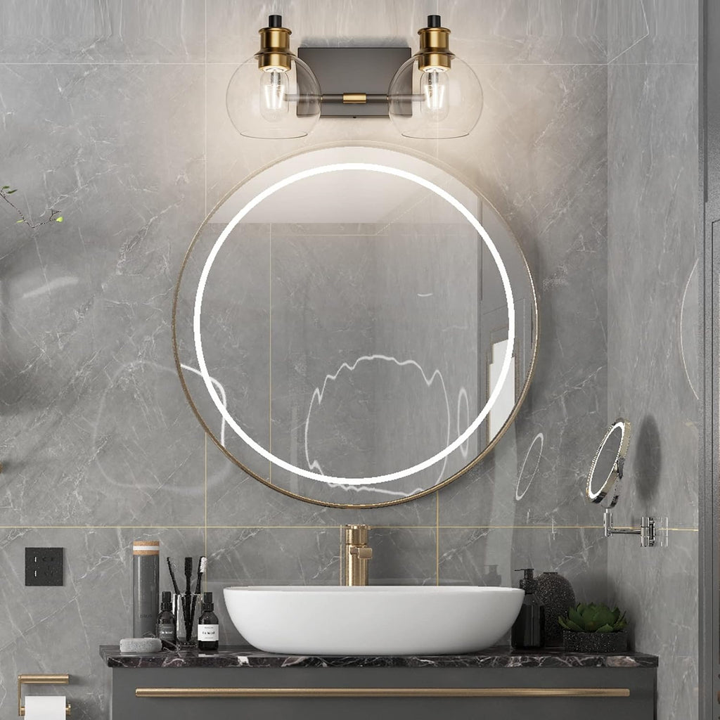 2 Lights Vintage Bathroom Vanity Light Fixtures Over Mirror Black & Gold Industrial Vanity Lights with Globe Clear