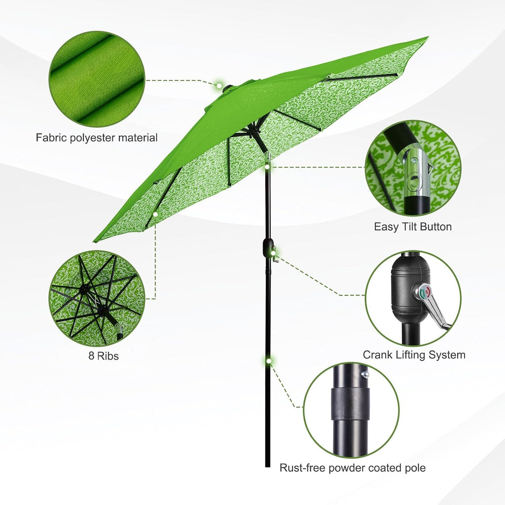 9 ft. Patio Umbrella, Market Table Umbrella w/Tilt and Crank, 8 Ribs - Light Green/floral