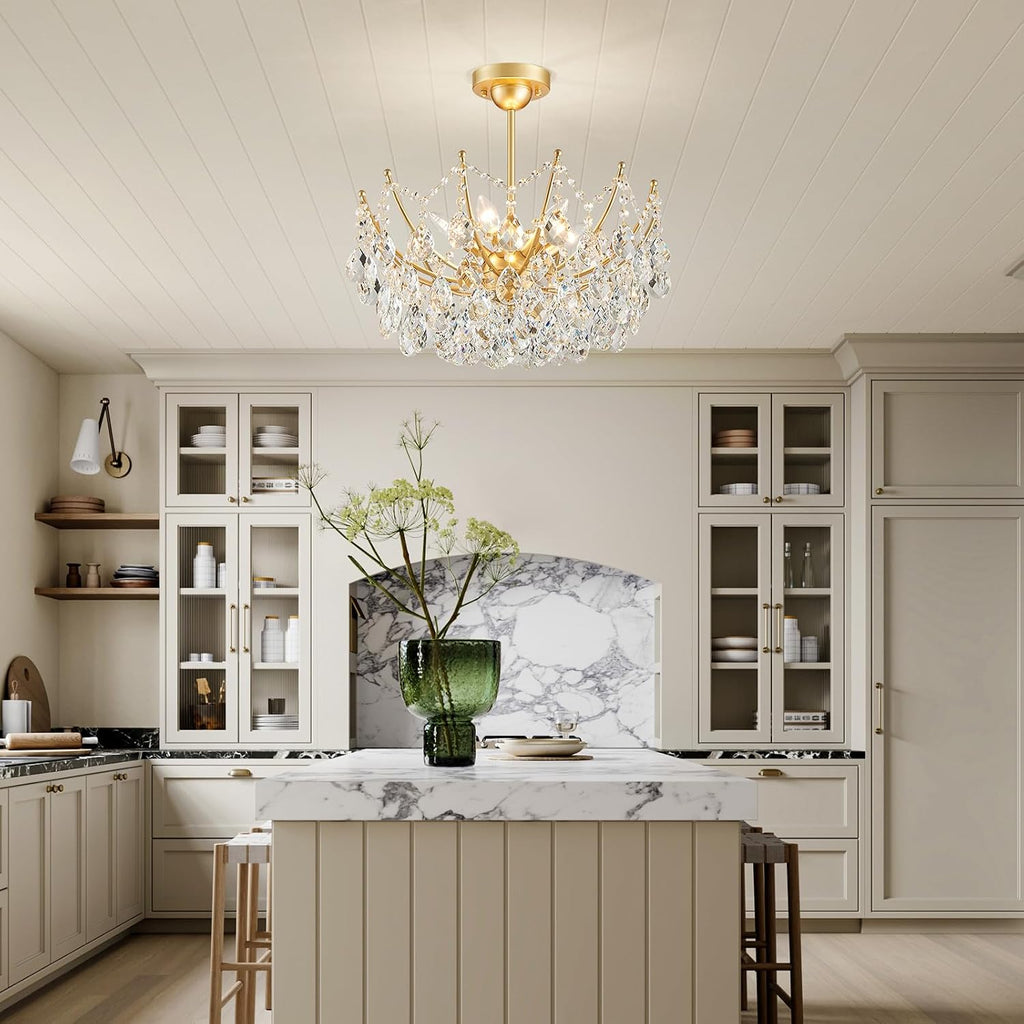 Crystal Chandelier Ceiling Light, Modern Semi Flush Mount Ceiling Light Fixture, Gold Hallway Lighting Fixtures