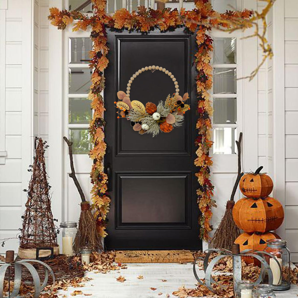 2Pcs Artificial Fall Wood Bead Wreath