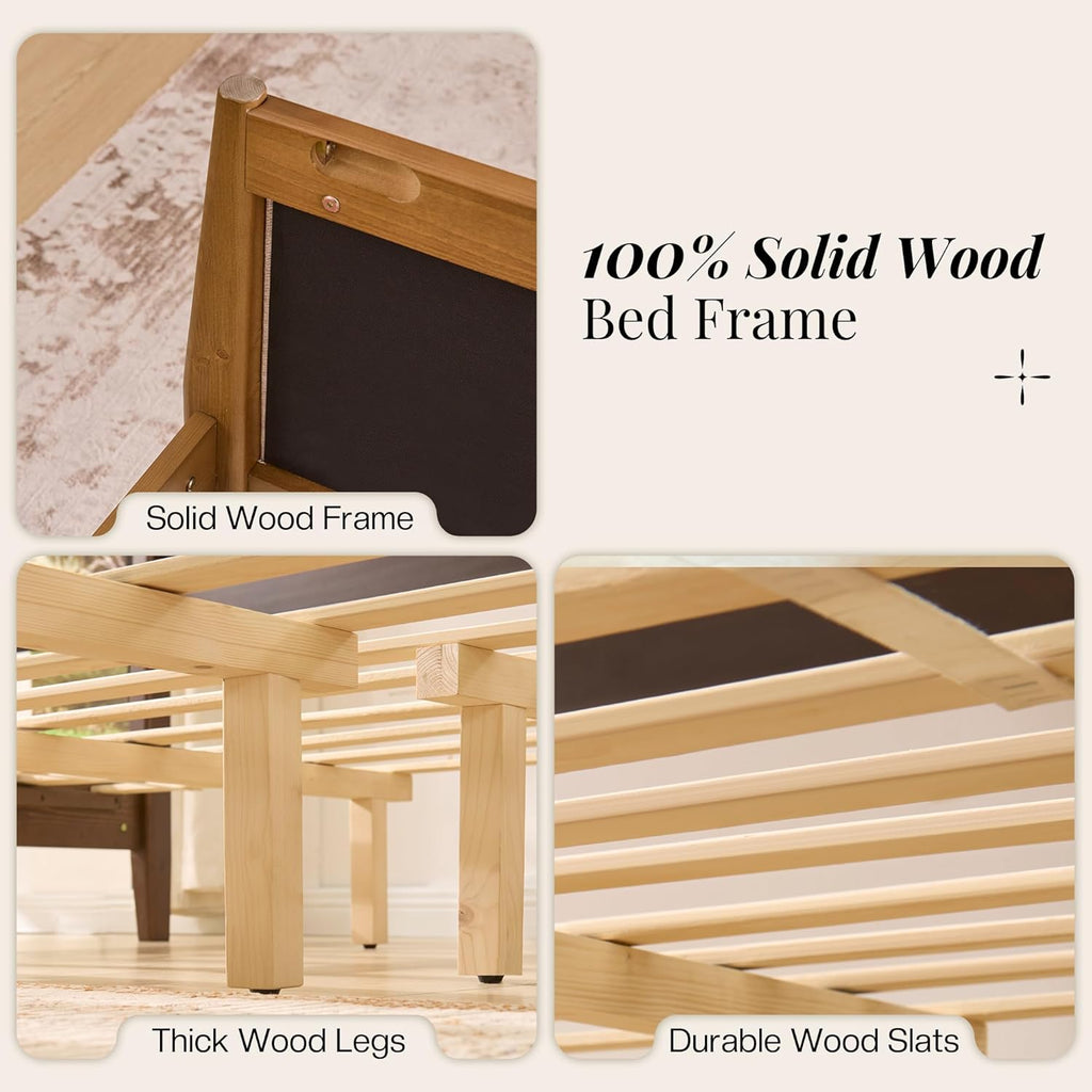 58" Tall Solid Wood King Bed Frame with Upholstered Headboard & Footboard, Wooden Platform Bedframe, No Box Spring