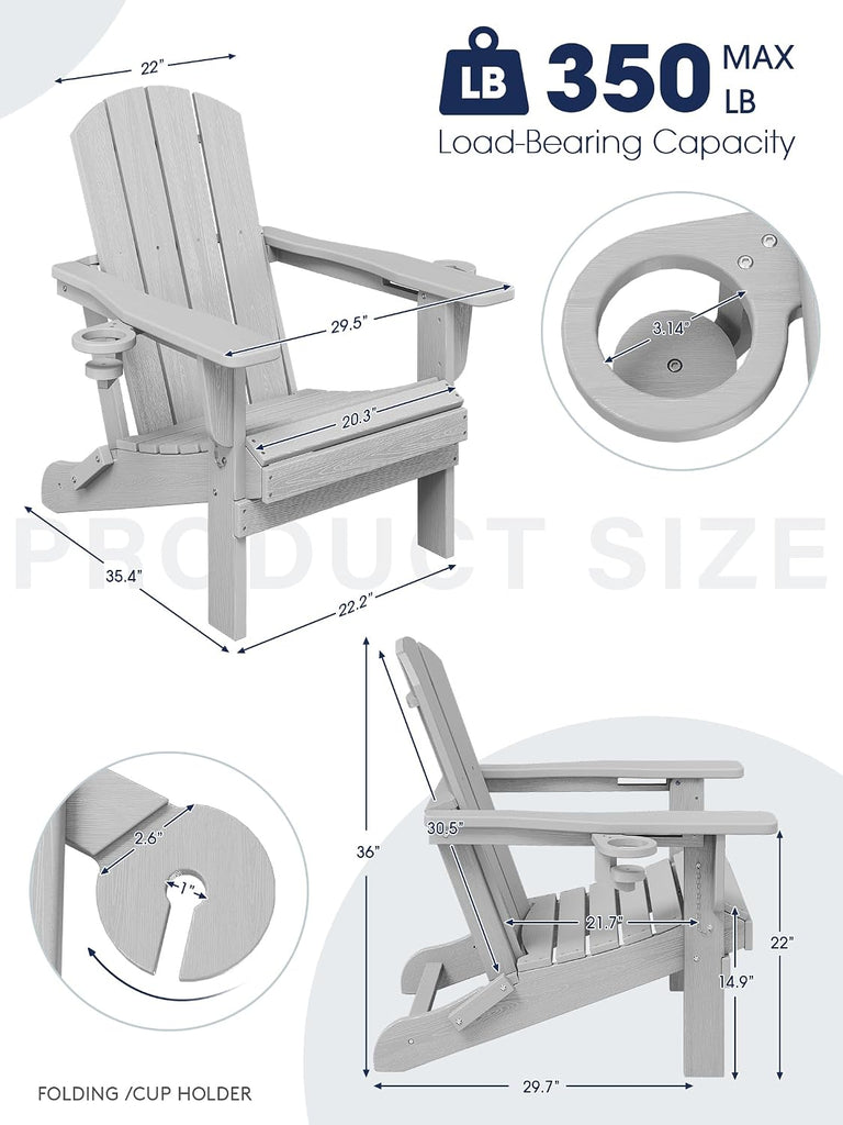 Folding Adirondack Chair with 2 Cup Holders, Silver Grey | HDPE Composite | Waterproof | Wood Grain | Hidden Cup &