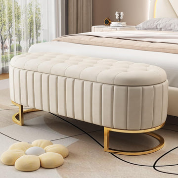 Elegant Upholstered Velvet Storage Ottoman with Button-Tufted,Storage Bench with Metal Legs ,Fully Assembled Except