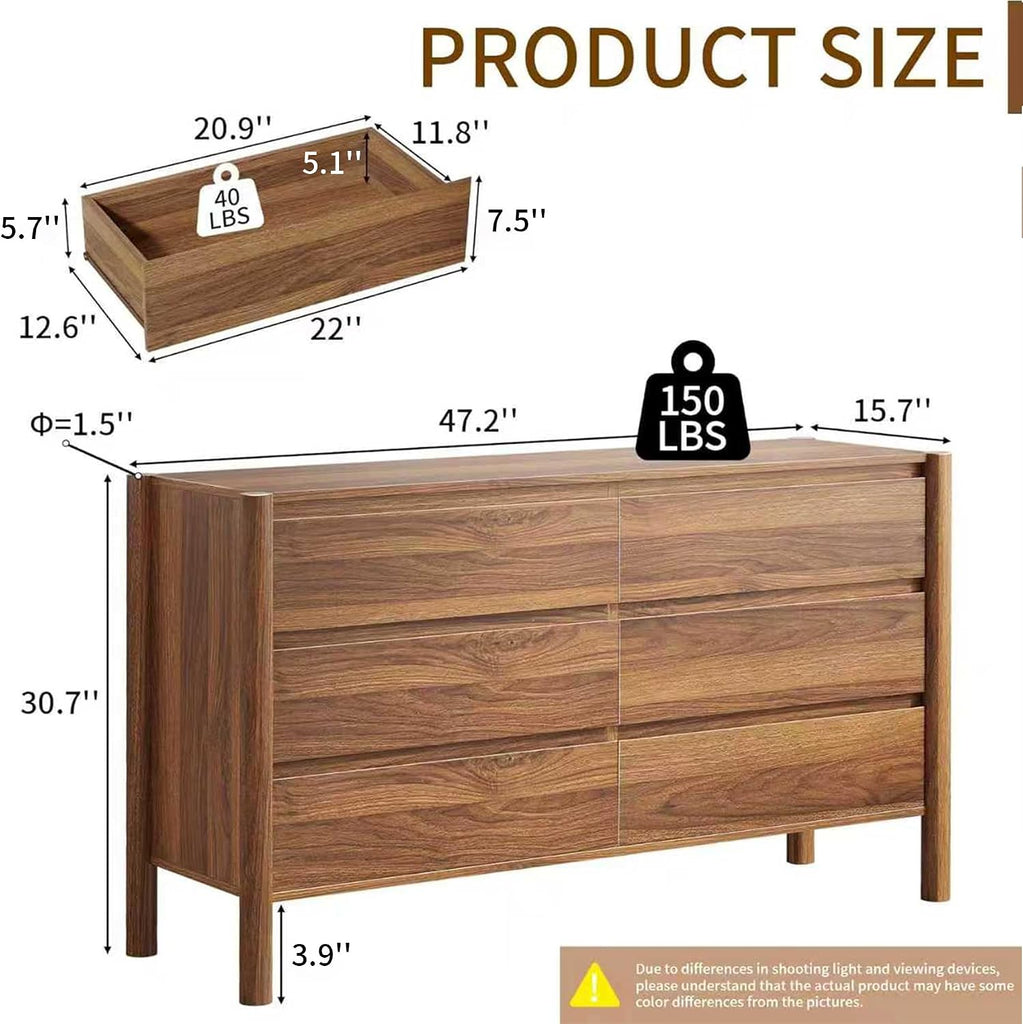 Walnut 6 Drawers Dresser , 47.2" Wide Mid Century Modern Chest of Drawers with 4 Solid Wood Cylindrical Legs and