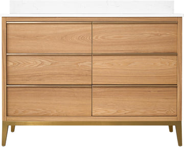 48" Bathroom Vanity with Sink, Freestanding Wooden Bathroom Makeup Cabinet W/ 6 Soft-Close Drawers and Backsplash, Solid Wood Frame Bathroom Vanity, Light Oak